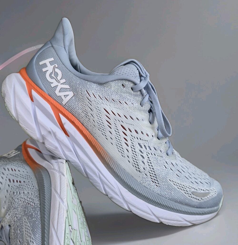 Hoka One One Clifton 8 Running Shoes Women’s Size 8.5 B Blue Fog Orange
